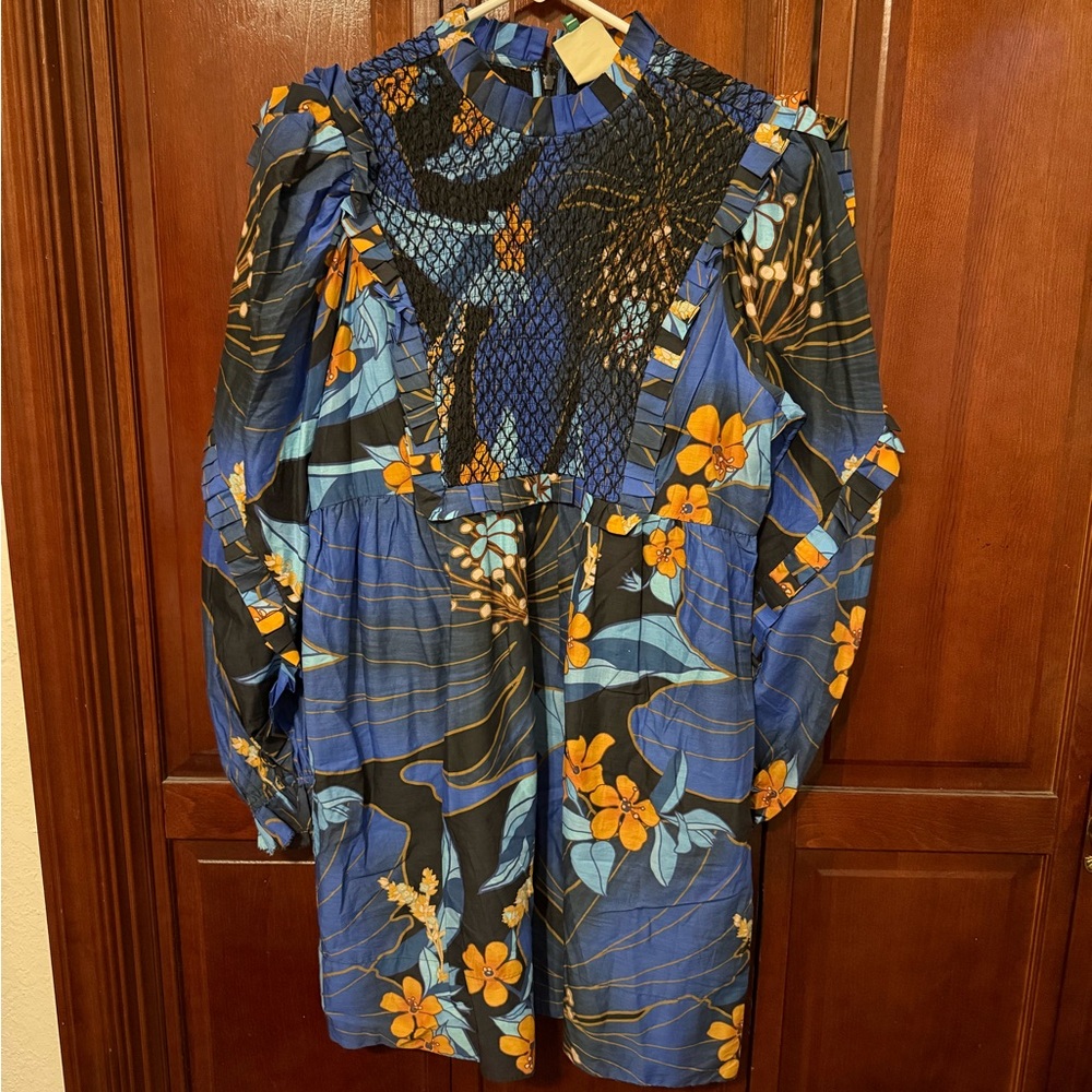 Farm Rio Floral Blue and Orange Dress